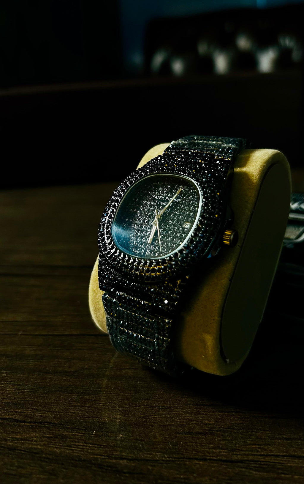 Black iced-out Patek-style watch
