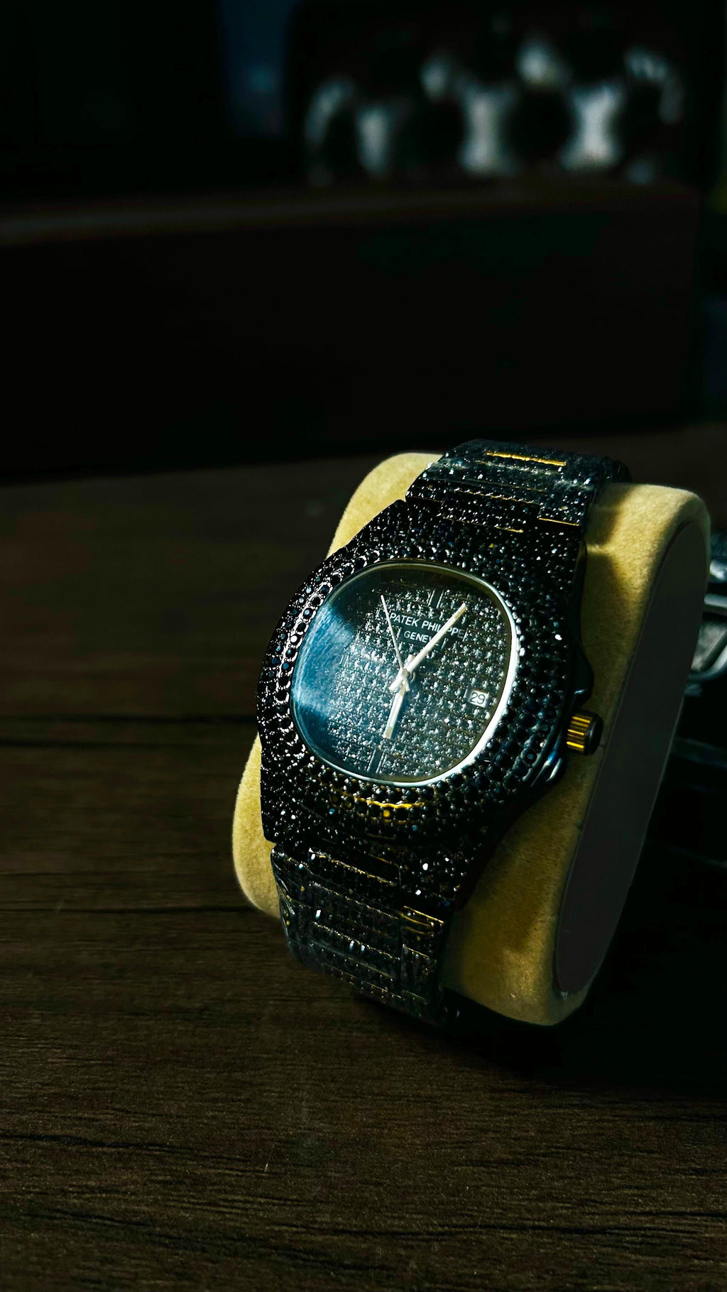Black iced-out Patek-style watch