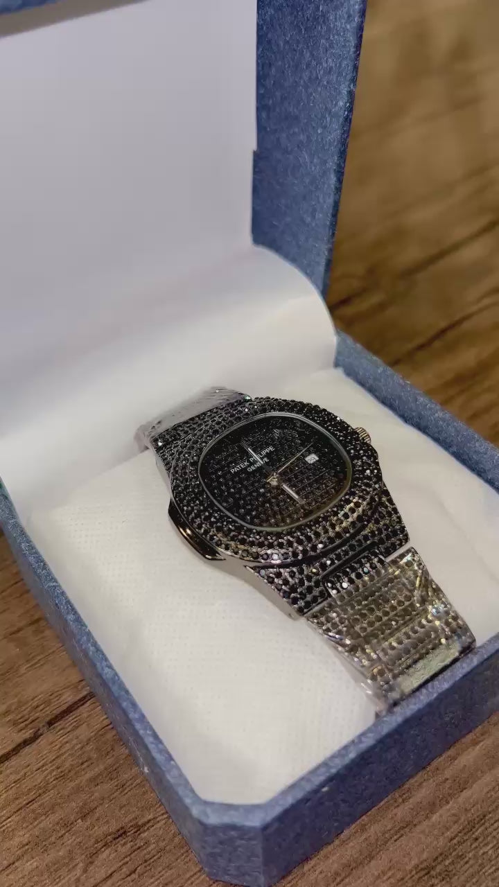 Black iced-out Patek-style watch